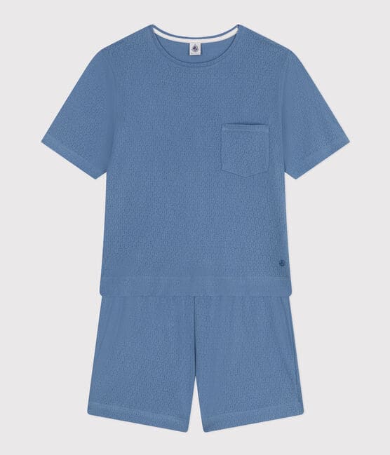 Pyjama short et tee-shirt uni en coton ajouré femme bleu BEACH