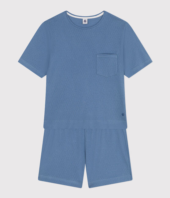 Pyjama short et tee-shirt uni en coton ajouré femme bleu BEACH