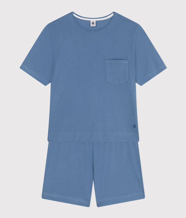 Pyjama short et tee-shirt uni en coton ajour&eacute; femme bleu