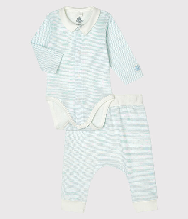 Ensemble 2 pi&egrave;ces b&eacute;b&eacute; gar&ccedil;on en c&ocirc;te blanc/bleu