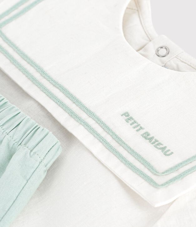 Ensemble b&eacute;b&eacute; 2 pi&egrave;ces en coton/lin, haut col marin blanc/bleu
