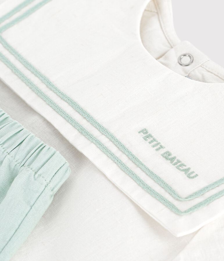 Ensemble b&eacute;b&eacute; 2 pi&egrave;ces en coton/lin, haut col marin blanc/bleu