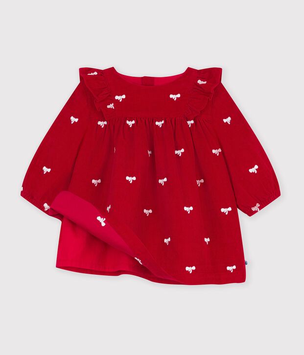 Robe b&eacute;b&eacute; en velours manches longues et broderies motif n&oelig;uds rouge/&eacute;cru