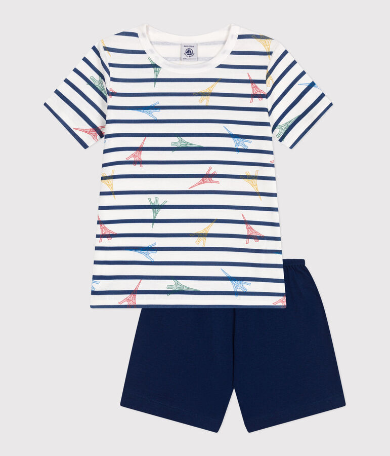 Pyjama short enfant en coton imprim&eacute; Paris bleu MEDIEVAL/blanc MULTICO