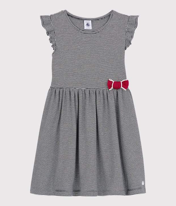 Robe manches courtes en coton enfant fille bleu/blanc