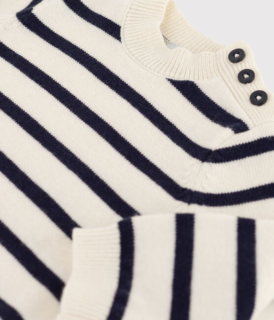 Pull bébé en laine et coton rayé marinière blanc MARSHMALLOW/bleu SMOKING
