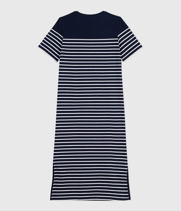 Robe longue femme en coton &agrave; rayures bleu/blanc