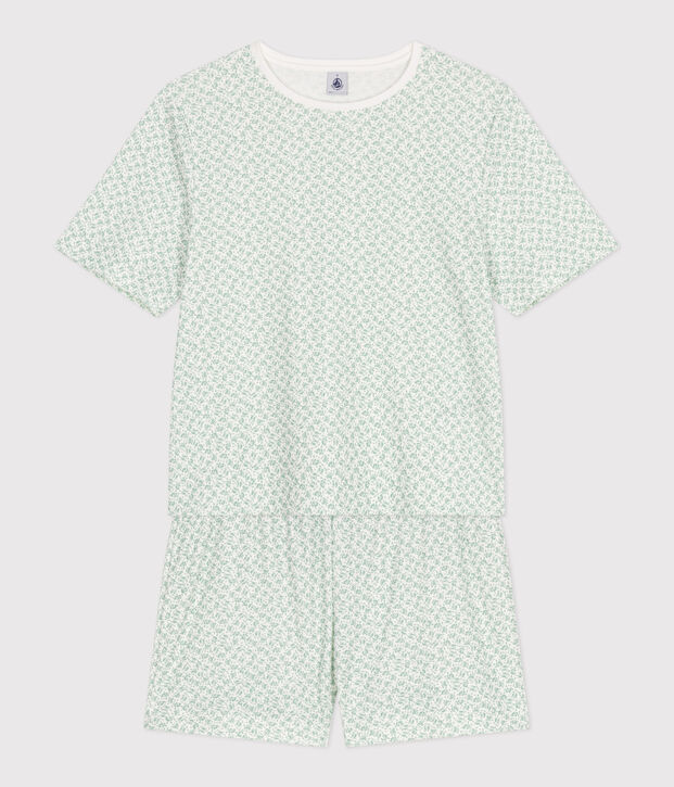 Pyjama short femme en coton fleuri blanc/vert