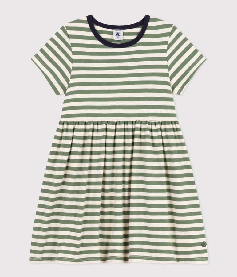 Robe ray&eacute;e manches courtes en coton enfant fille vert CROCO/ AVALANCHE