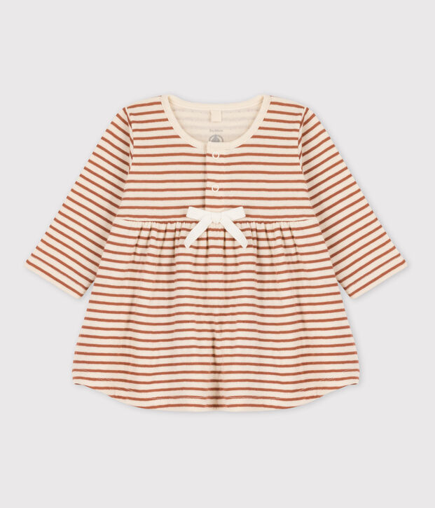 Robe &agrave; rayures b&eacute;b&eacute; en tubique en coton &eacute;cru/marron/&eacute;cru