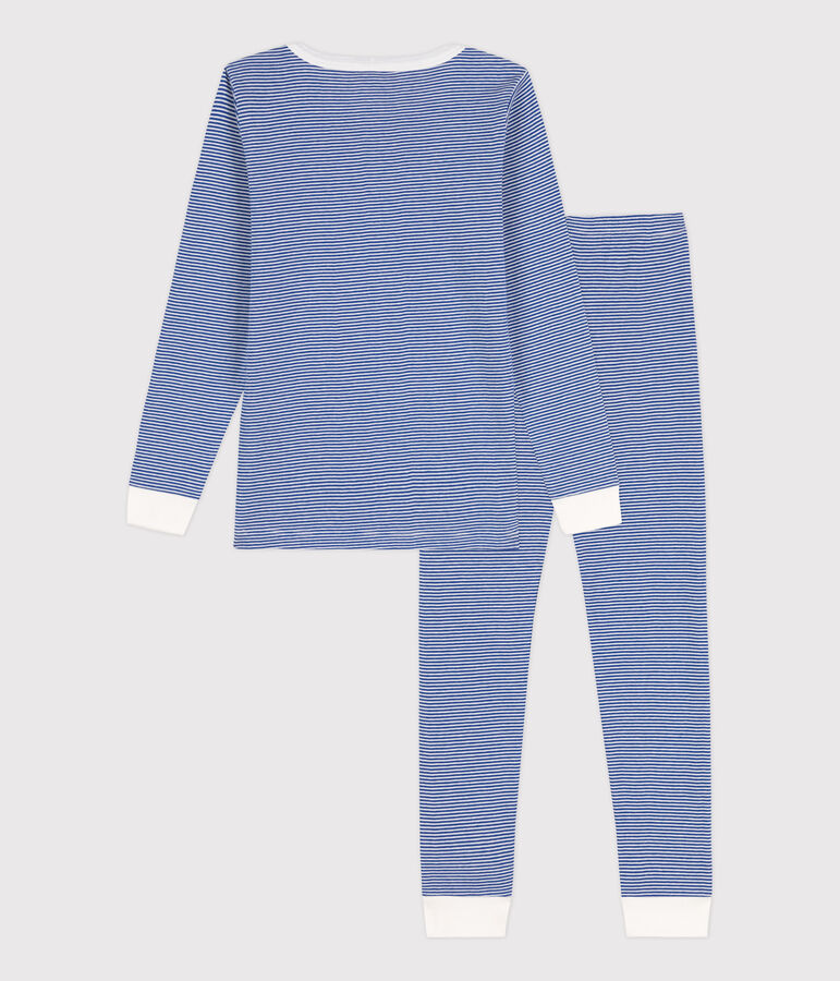Pyjama ajust&eacute; milleraies en coton enfant bleu/blanc