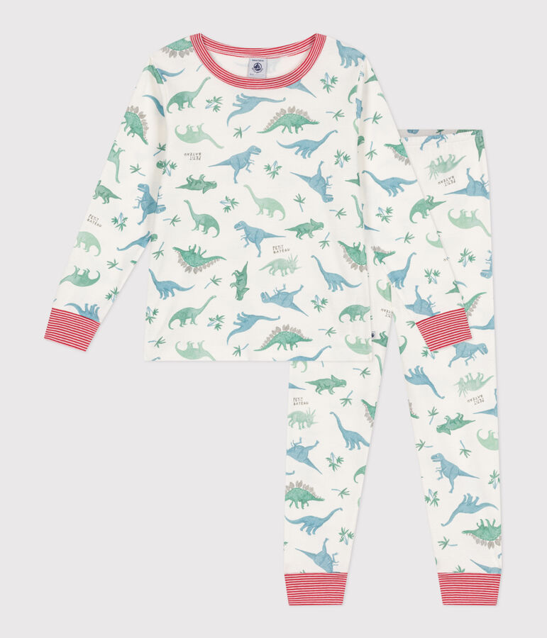 Pyjama enfant en coton imprim&eacute; dinosaures blanc MARSHMALLOW/blanc MULTICO
