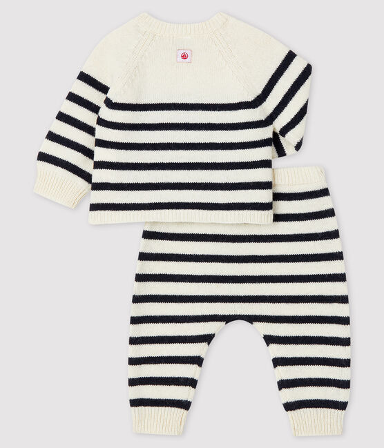 Ensemble 2 pièces à rayures bébé en tricot avec laine blanc MARSHMALLOW/bleu SMOKING