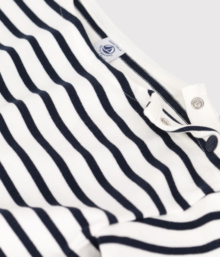 Tee-shirt ray&eacute; manches courtes en coton enfant fille blanc MARSHMALLOW/bleu SMOKING