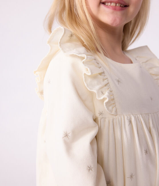 Robe enfant manches longues en velours unie écru MILK/ ARGENT