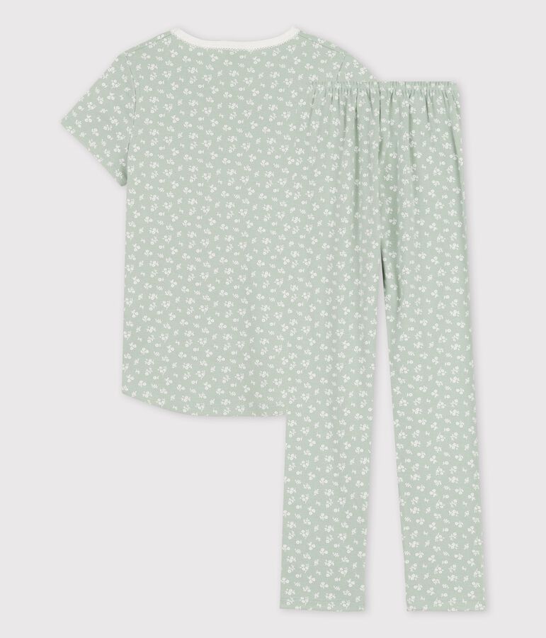 Pyjama manches courtes fleuri petite fille en coton vert HERBIER/ MARSHMALLOW