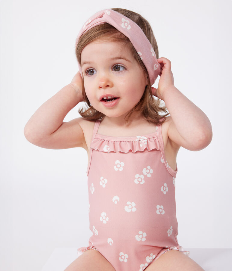 Maillot de bain b&eacute;b&eacute; une pi&egrave;ce &agrave; volants, imprim&eacute; fleuri rose CHARME/blanc MARSHMALLOW