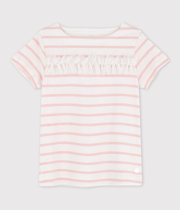 Tee-shirt manches courtes en coton enfant fille blanc/rose