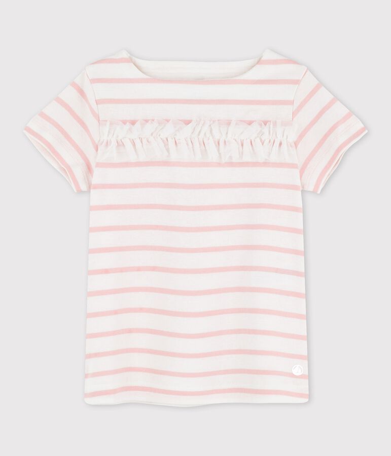 Tee-shirt manches courtes en coton enfant fille blanc MARSHMALLOW/rose MINOIS