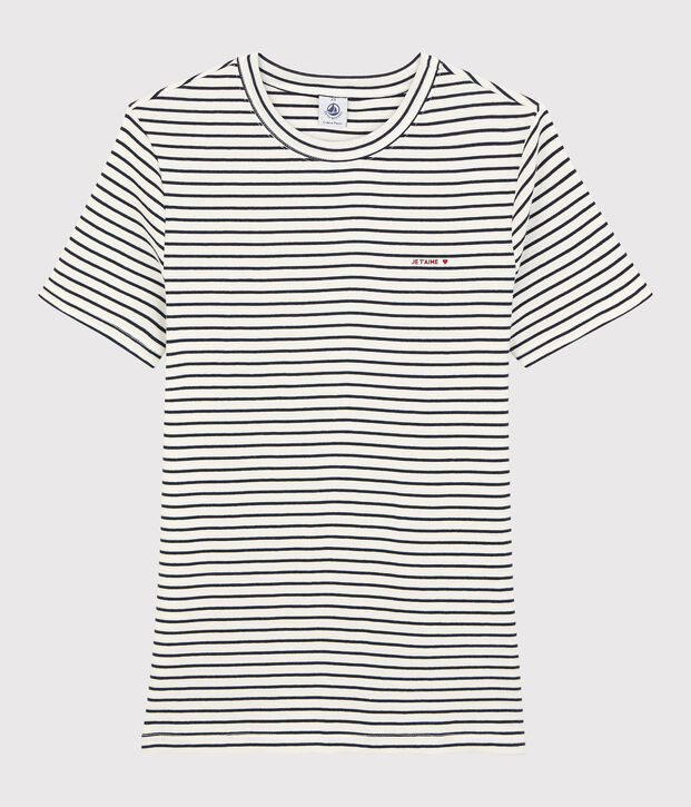 T-shirt en coton ray&eacute; Je t'aime Femme blanc/bleu