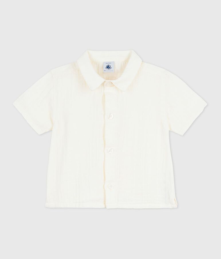 Chemise b&eacute;b&eacute; en coton/lin &agrave; manches courtes, unie blanc MARSHMALLOW