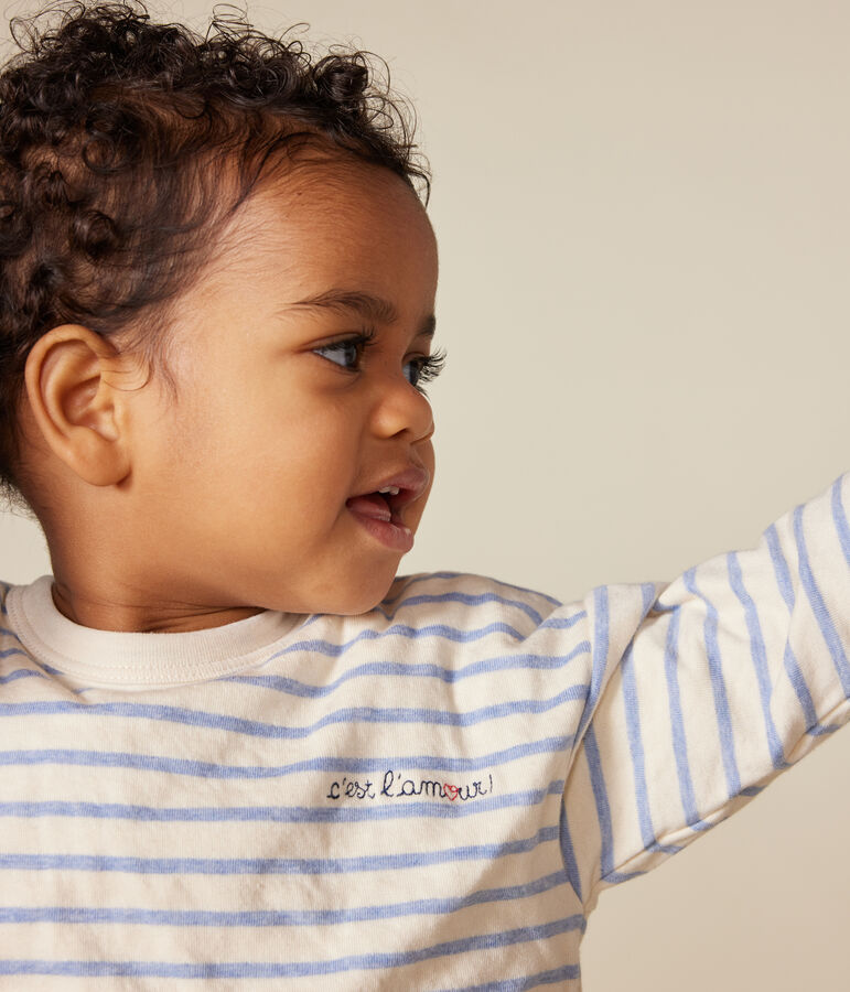 Tee-shirt manches longues en tubique b&eacute;b&eacute; &eacute;cru/bleu