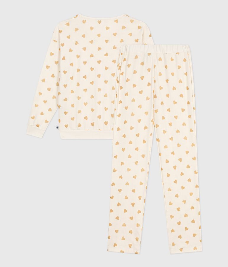 Pyjama femme en coton imprim&eacute; c&oelig;urs dor&eacute;s &eacute;cru/jaune