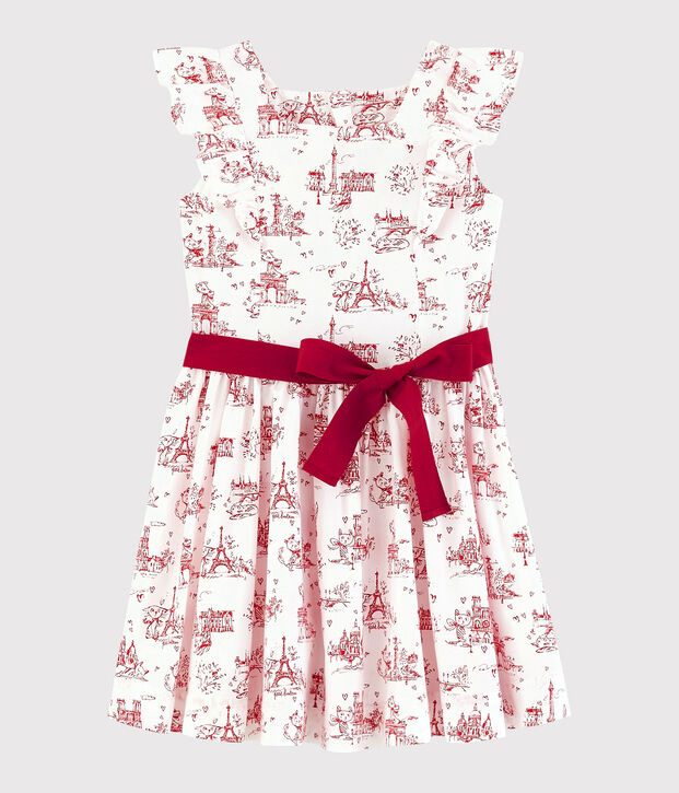 Robe manches courtes en popeline enfant fille blanc/rouge