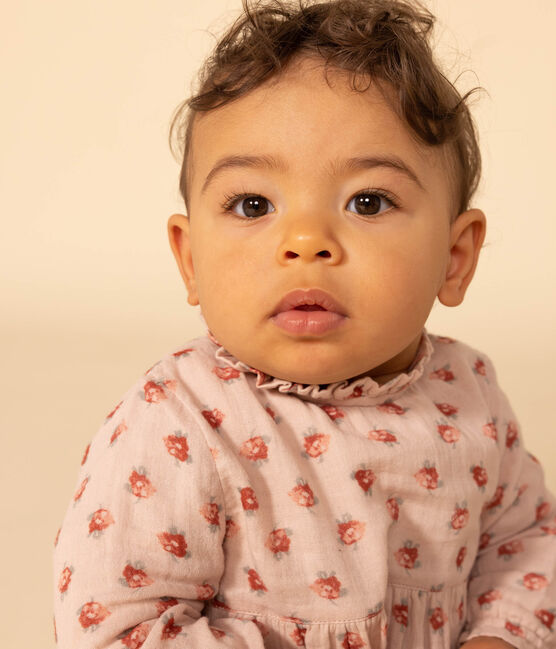 Robe manches longues en gaze de coton bébé rose SALINE/blanc MULTICO