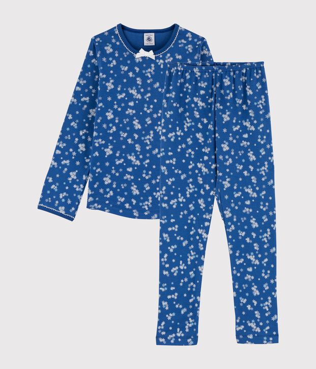 Pyjama petite fille imprim&eacute; flocons en c&ocirc;te bleu/blanc