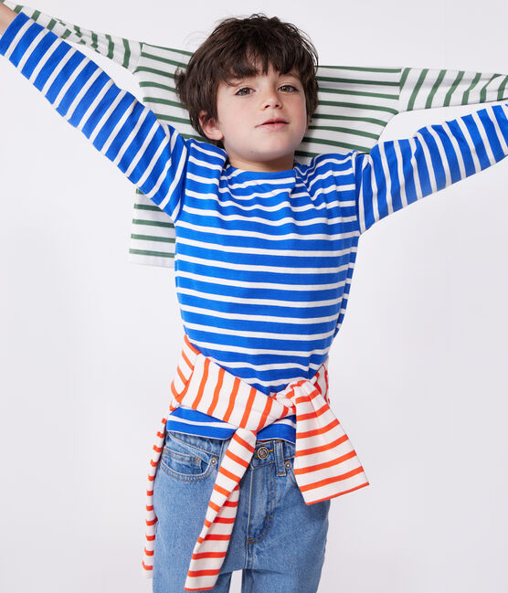 Marinière enfant mixte en coton manches longues bleu PERSE/blanc MARSHMALLOW