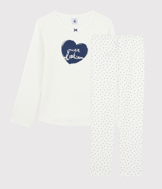 Pyjama mini cœurs petite fille en côte blanc MARSHMALLOW/bleu MEDIEVAL