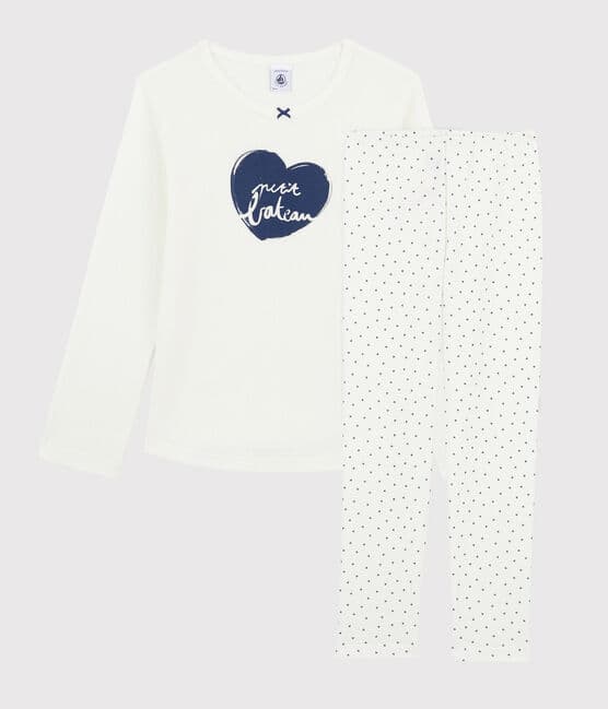 Pyjama mini cœurs petite fille en côte blanc MARSHMALLOW/bleu MEDIEVAL