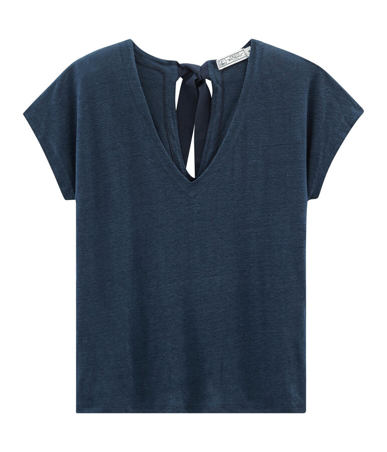 Tee-shirt manches courtes femme en lin bleu
