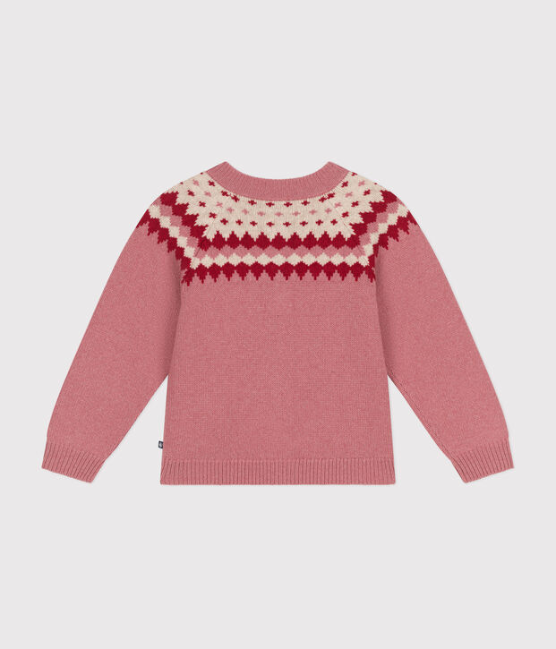 Cardigan jacquard laine et coton enfant fille rose/&eacute;cru