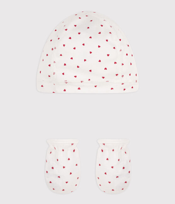 Lot bonnet et mouffles cœurs en coton variante 1
