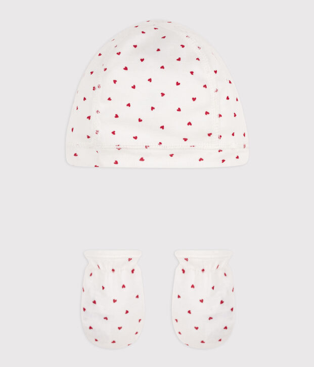 Lot bonnet et mouffles c&oelig;urs en coton multicouleur