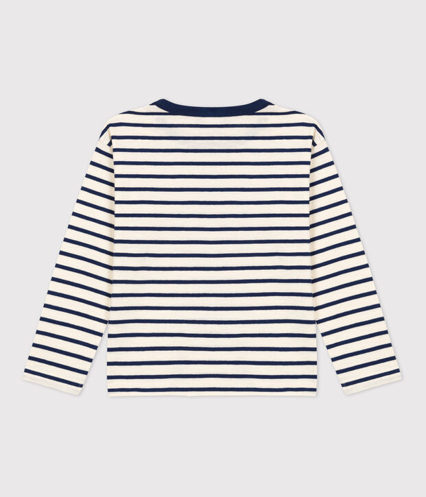 Tee-shirt manches longues en coton enfant gar&ccedil;on &eacute;cru/bleu