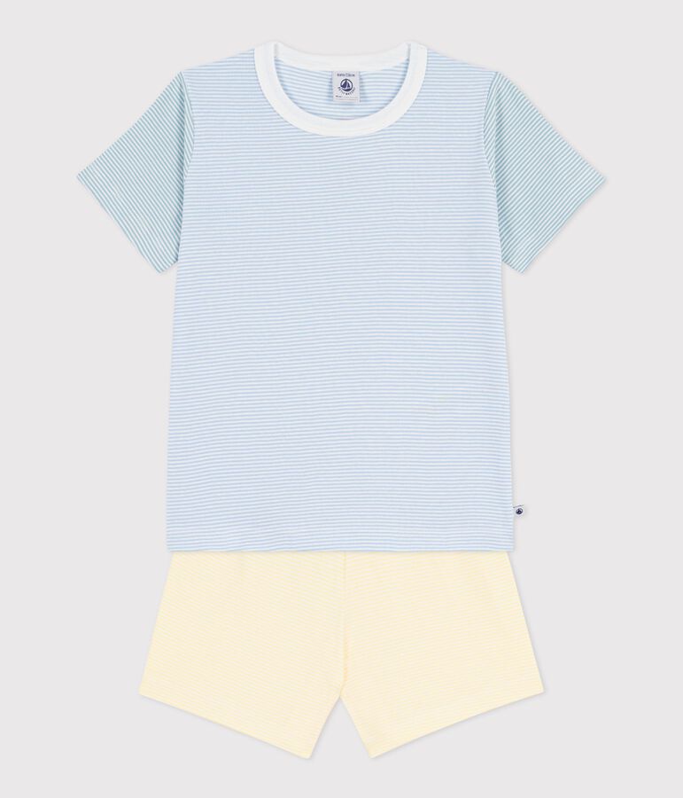 Pyjama short enfant en coton &agrave; rayures bleu JASMIN/blanc MULTICO