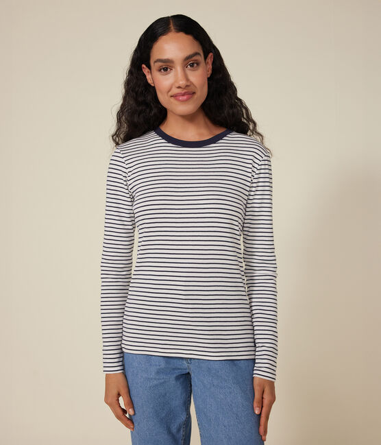 Tee-shirt l'Iconique manches longues en coton rayé femme blanc MARSHMALLOW/bleu SMOKING