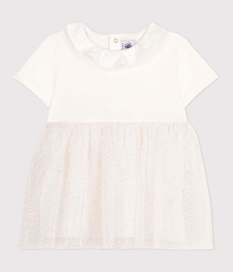 Robe b&eacute;b&eacute; en coton et tulle manches courtes et colerette blanc MARSHMALLOW/rose COPPER