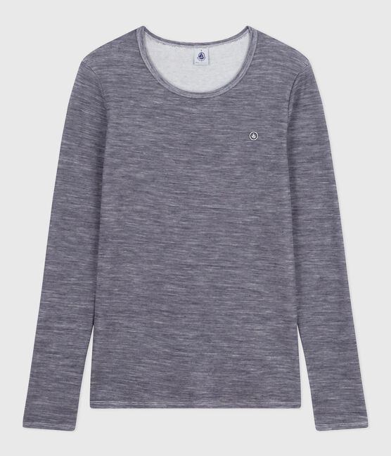 Tee-shirt femme en laine et coton manches longues à rayures bleu SOIR/ MARSHMALLOW