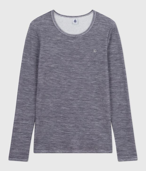 Tee-shirt femme en laine et coton manches longues &agrave; rayures bleu/blanc