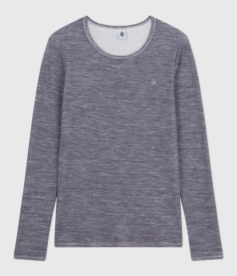 Tee-shirt femme en laine et coton manches longues &agrave; rayures bleu SOIR/ MARSHMALLOW