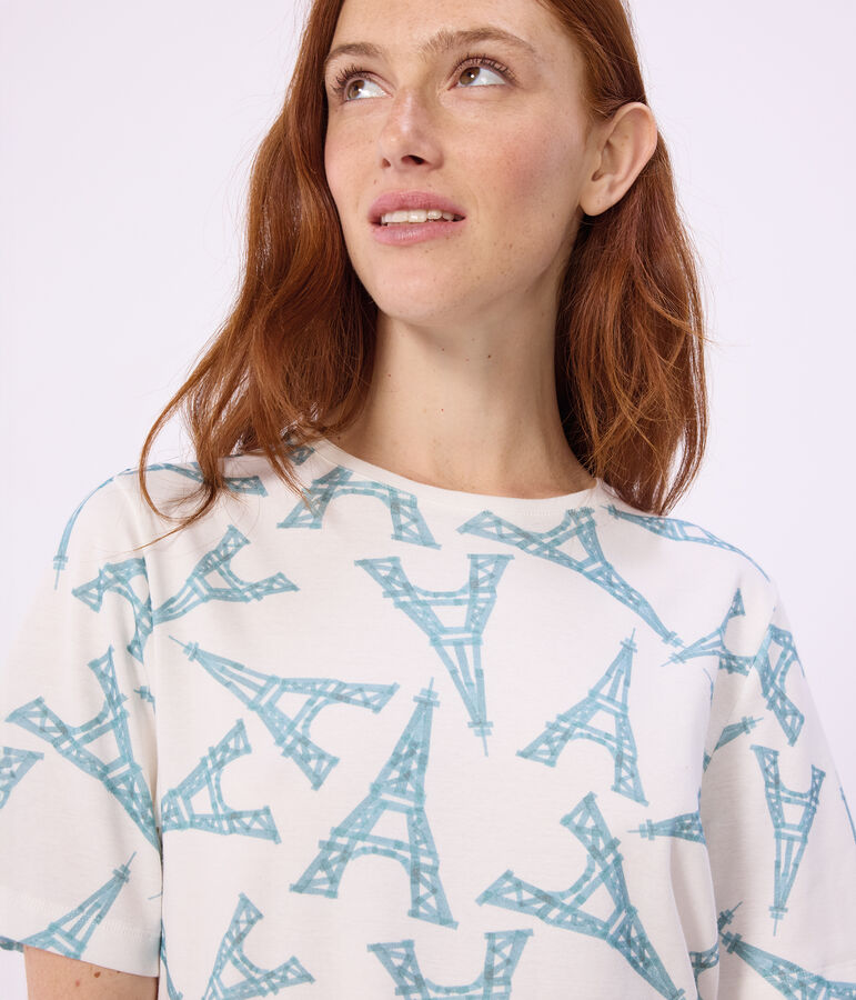 Pyjama short en coton femme imprim&eacute; Tour Eiffel blanc MARSHMALLOW/blanc MULTICO