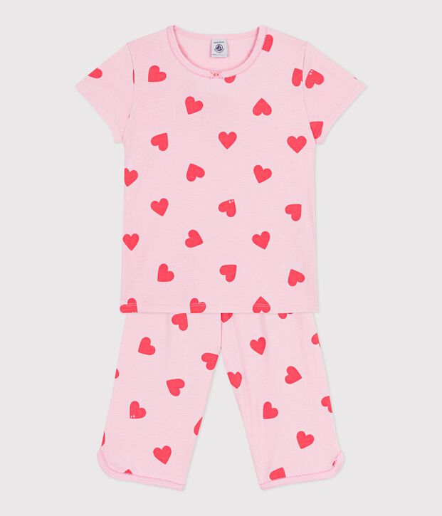 Pyjama capri enfant en coton imprim&eacute; c&oelig;urs rose/orange