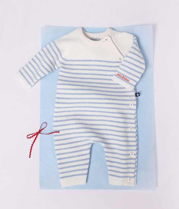 Combinaison b&eacute;b&eacute; en tricot laine et coton &agrave; rayures bleu/bleu