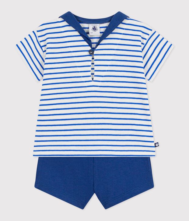 Ensemble b&eacute;b&eacute; deux pi&egrave;ces en coton, tee-shirt col marin bleu/bleu