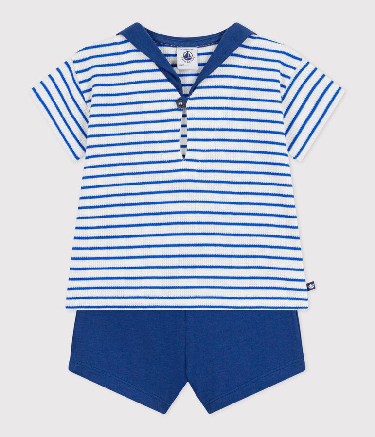 Ensemble b&eacute;b&eacute; deux pi&egrave;ces en coton, tee-shirt col marin &eacute;cru/bleu