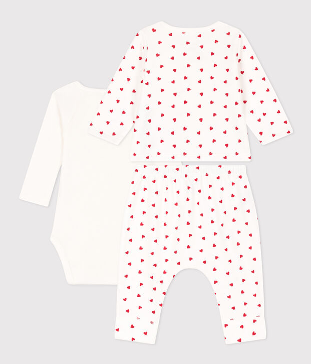 Ensemble en molleton imprim&eacute; petits c&oelig;urs b&eacute;b&eacute; blanc/rouge